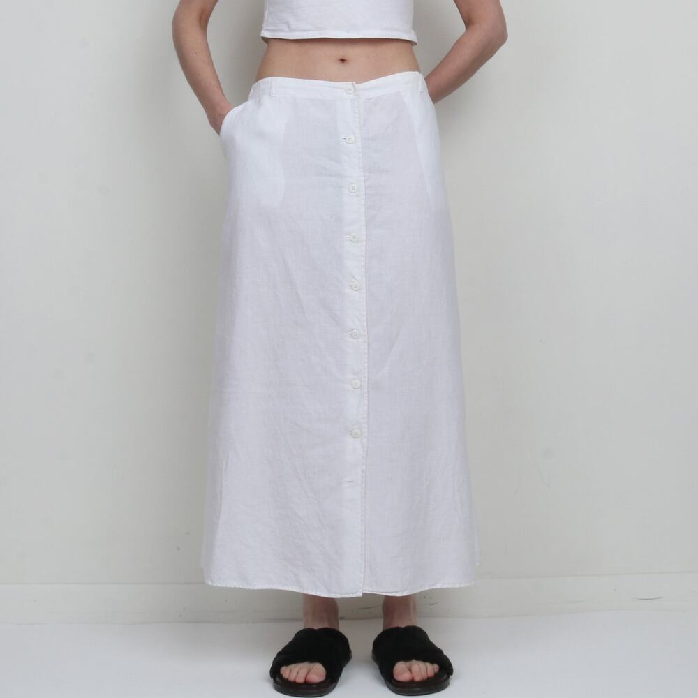 White 100% Linen Button Down Long Maxi Skirt Size 16 XL